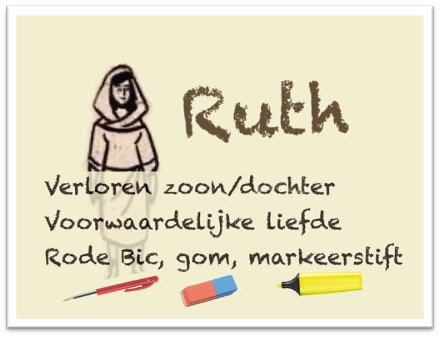 Ruth met rode bic, gom en markeerstift