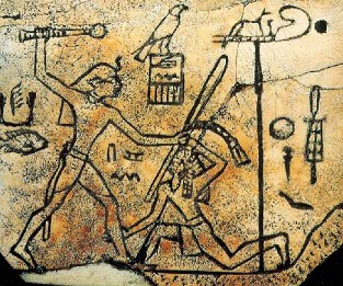 Egyptische muurschildering met mishandeling van een slaaf